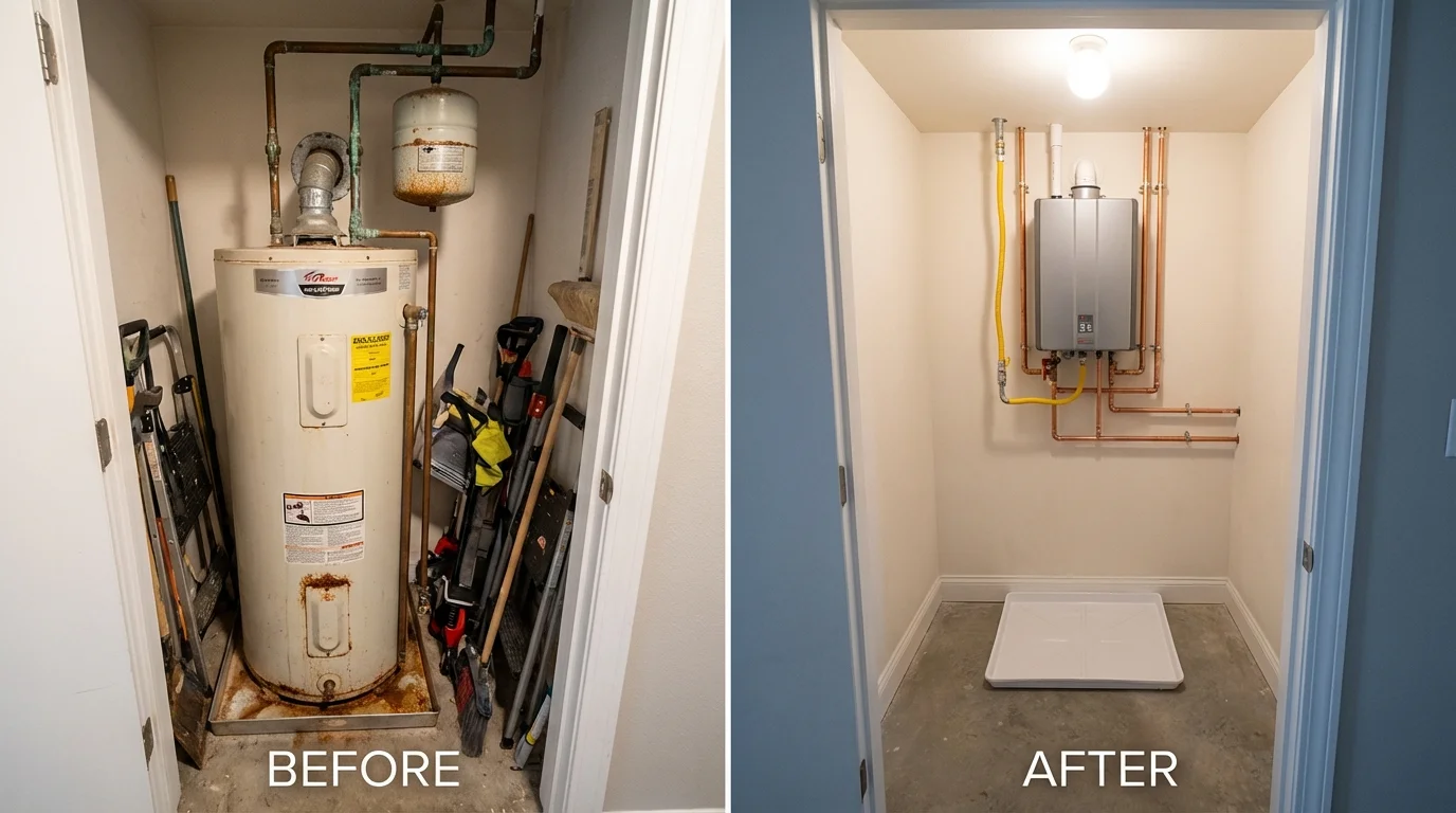 Tank water heater versus wall-mounted tankless unit comparison for Gardner, KS homeowners