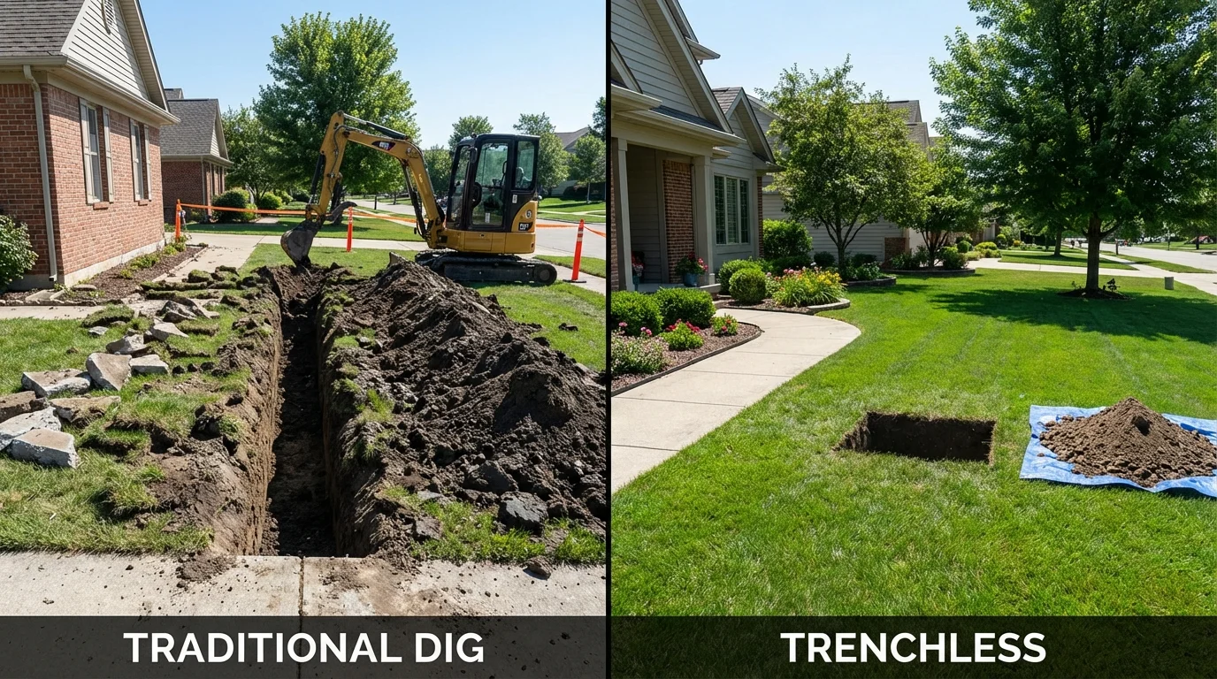 Trenchless sewer repair with minimal yard damage versus traditional excavation in Gardner, KS