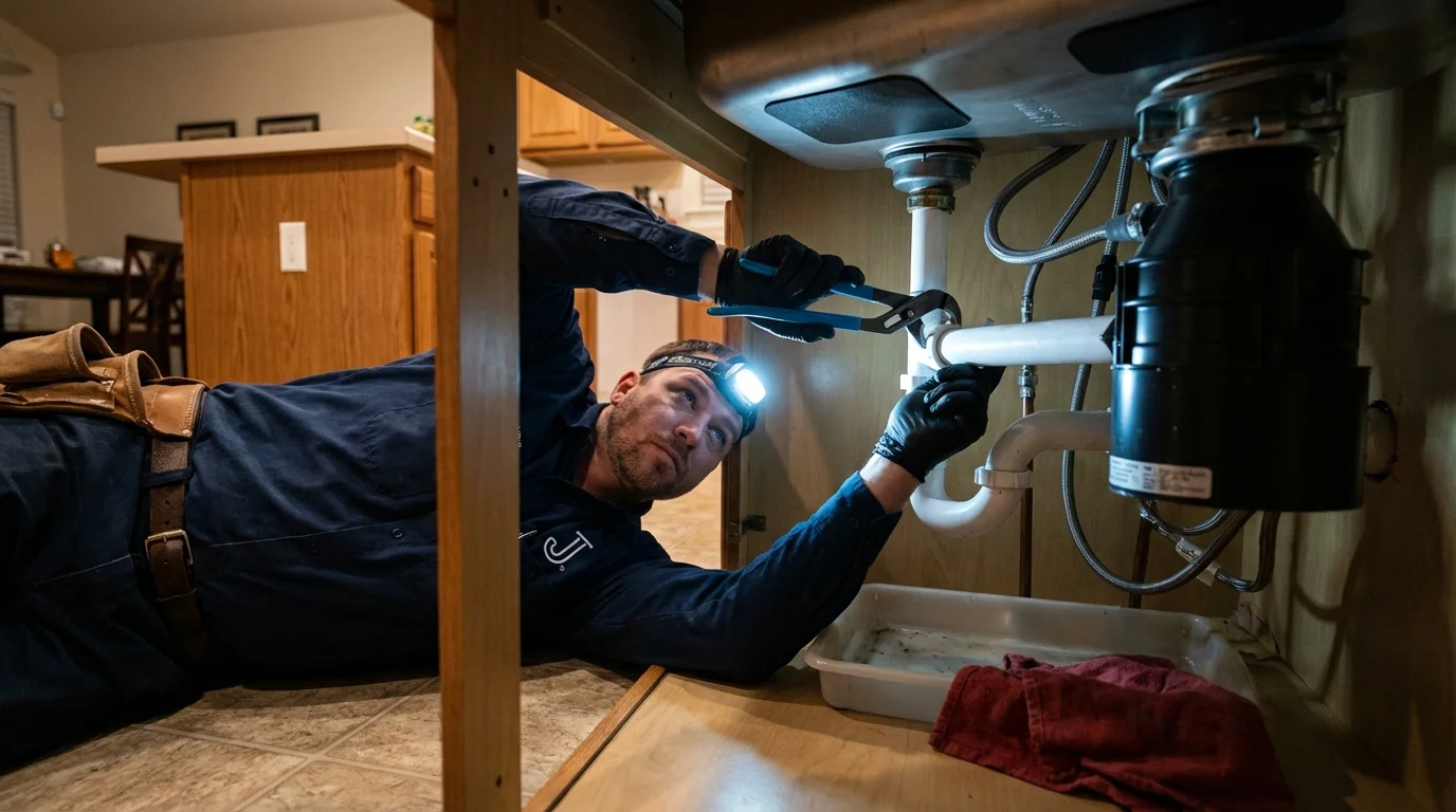 P-trap and supply line connections under a kitchen sink showing a common leak point in Gardner, KS